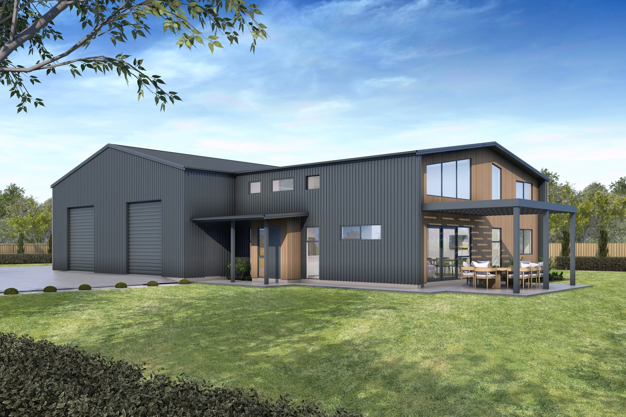 Modern two-story house with black metal siding and wooden accents, large windows, a porch and a backyard patio with outdoor seating, surrounded by a green lawn and fenced yard.