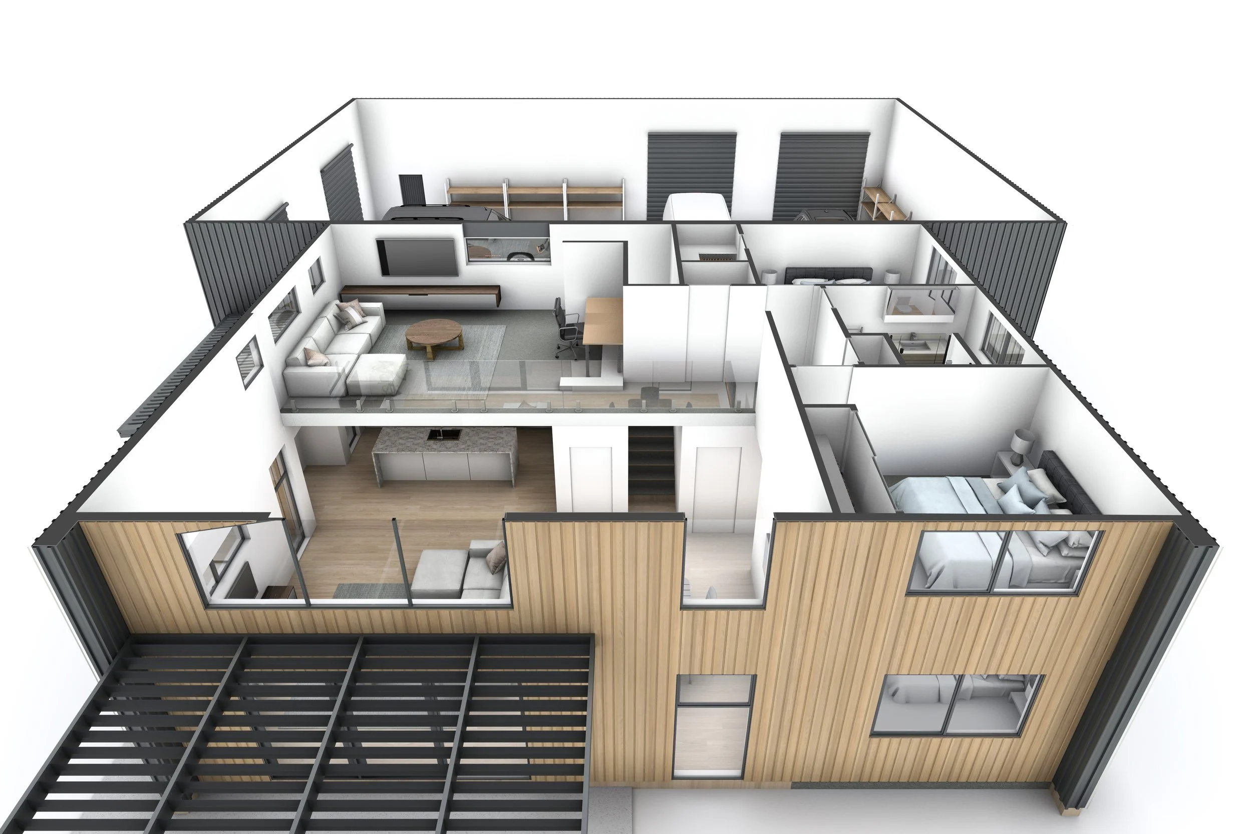 Interior view of a modern house with living room, kitchen, bedroom, garage, and various rooms showing open floor plan.