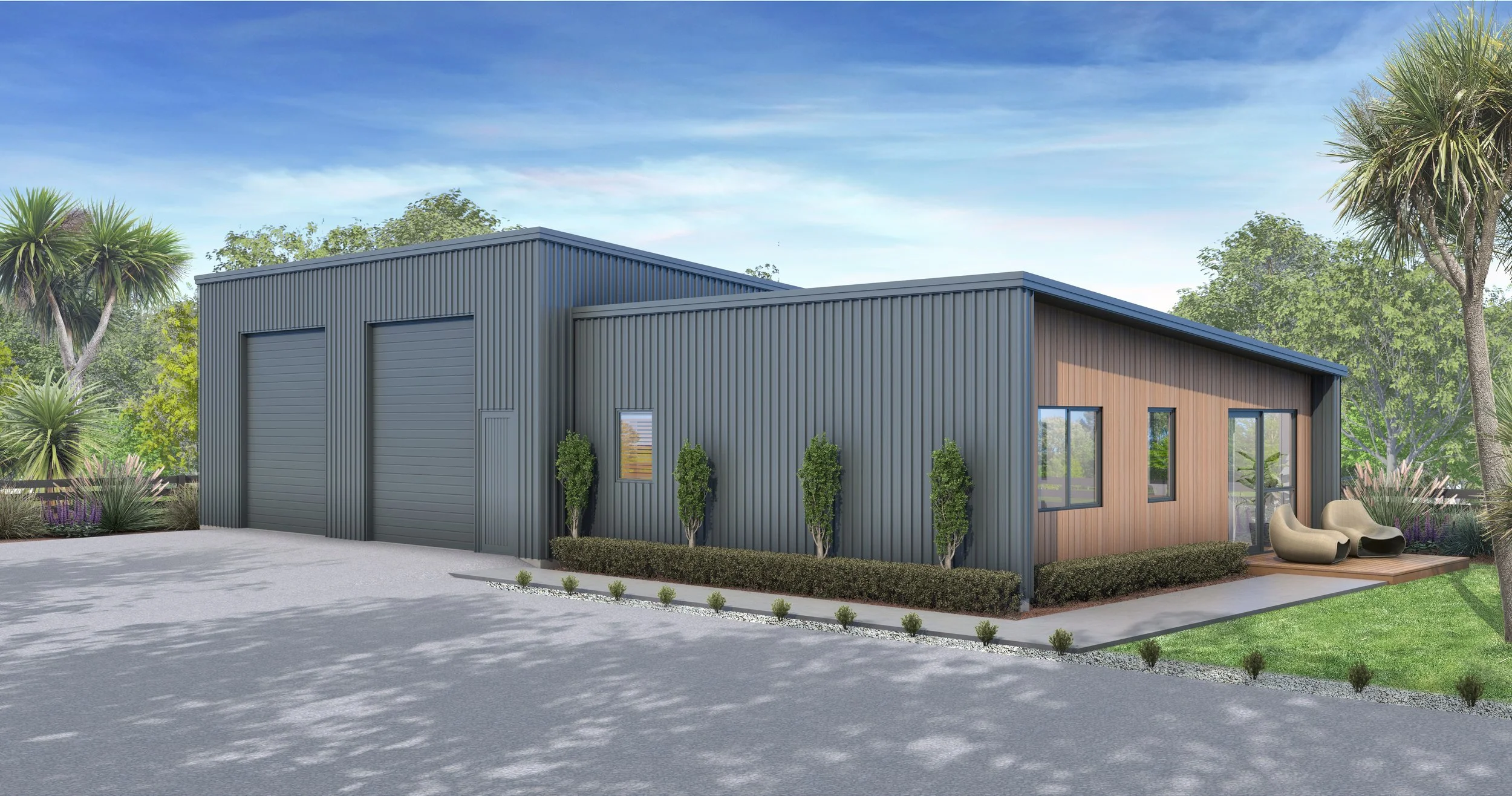 Modern metal and wood garage building with three garage doors, large windows, and a small outdoor seating area with two beige chairs, surrounded by landscaped greenery and palm trees under a blue sky.