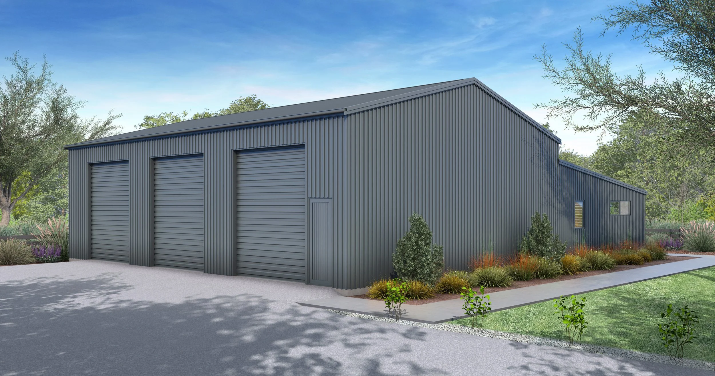 A modern metal building with three garage doors and one side door surrounded by landscaped greenery, trees, and a paved driveway under a partly cloudy sky.