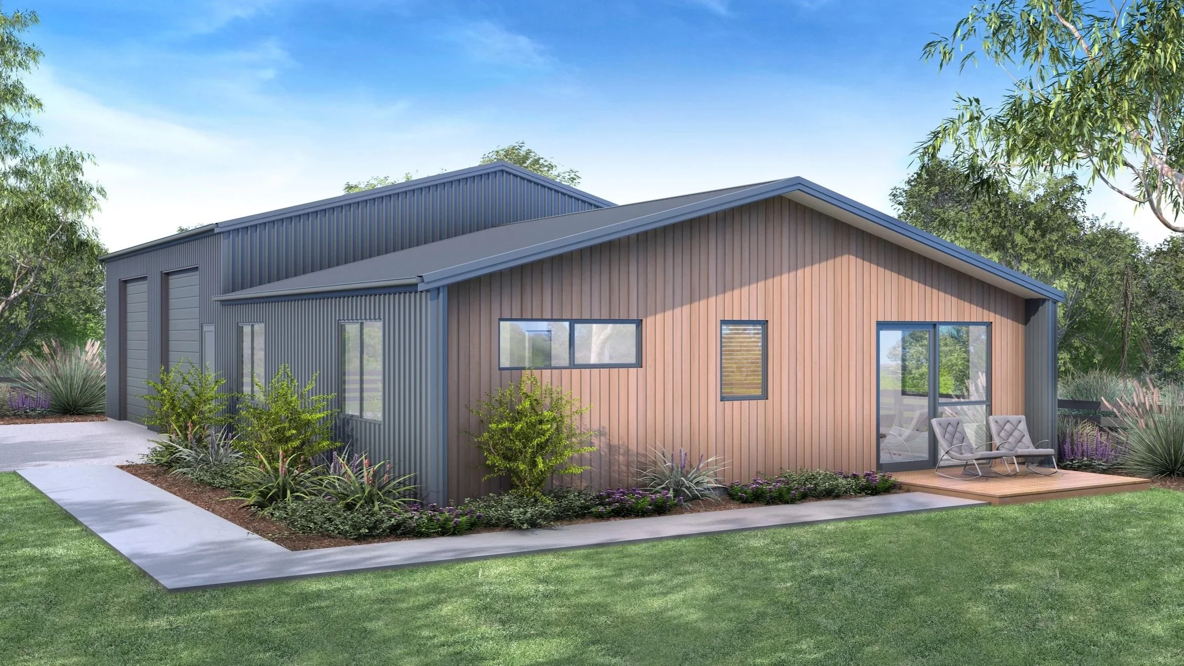 Digital rendering of a modern, single-story house with gray metal siding and a front deck with outdoor seating, surrounded by a landscaped yard with shrubs and trees.