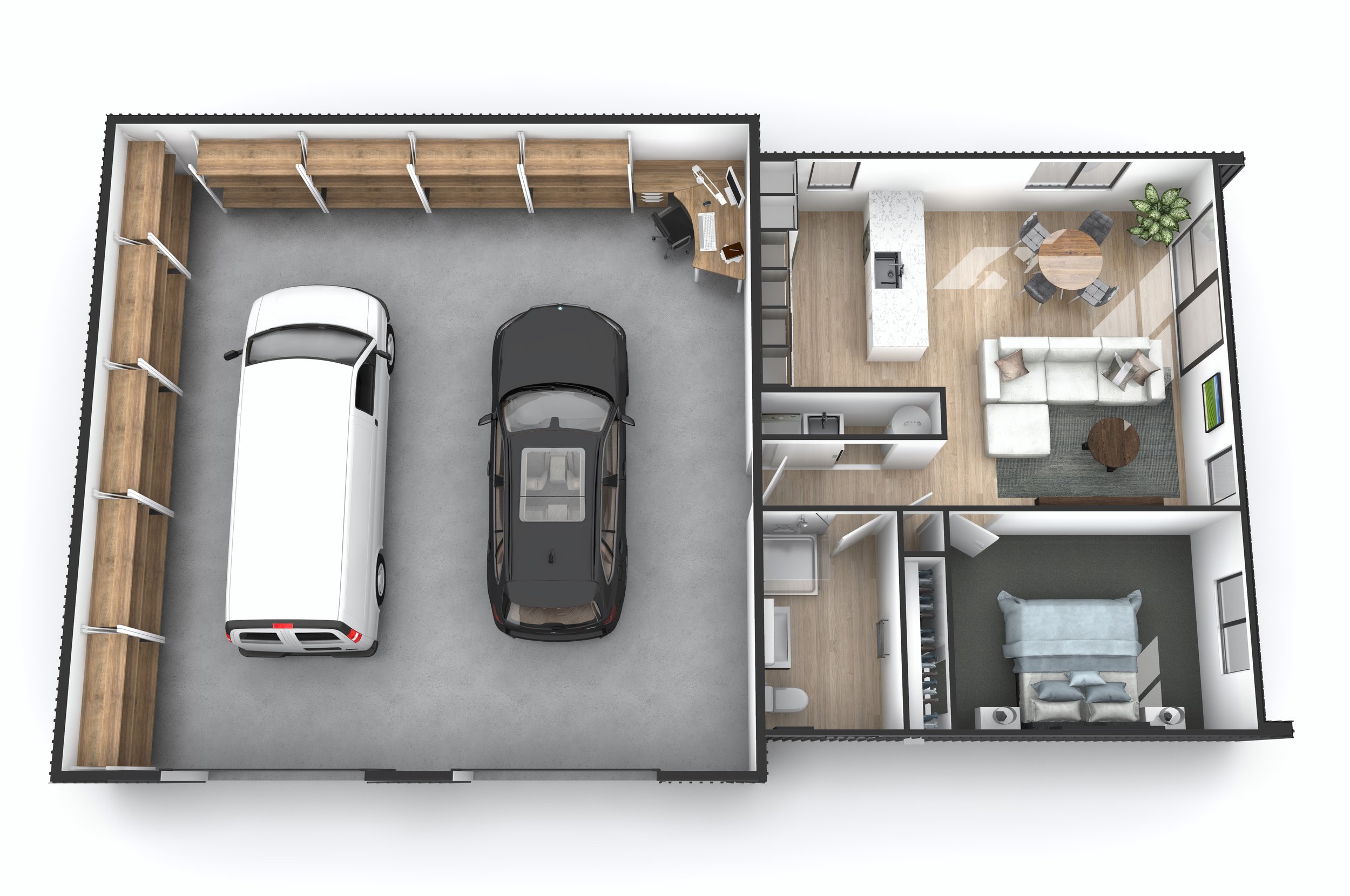 3D floor plan of a house showing a two-car garage, a kitchen, a living room, a bedroom, and a bathroom.