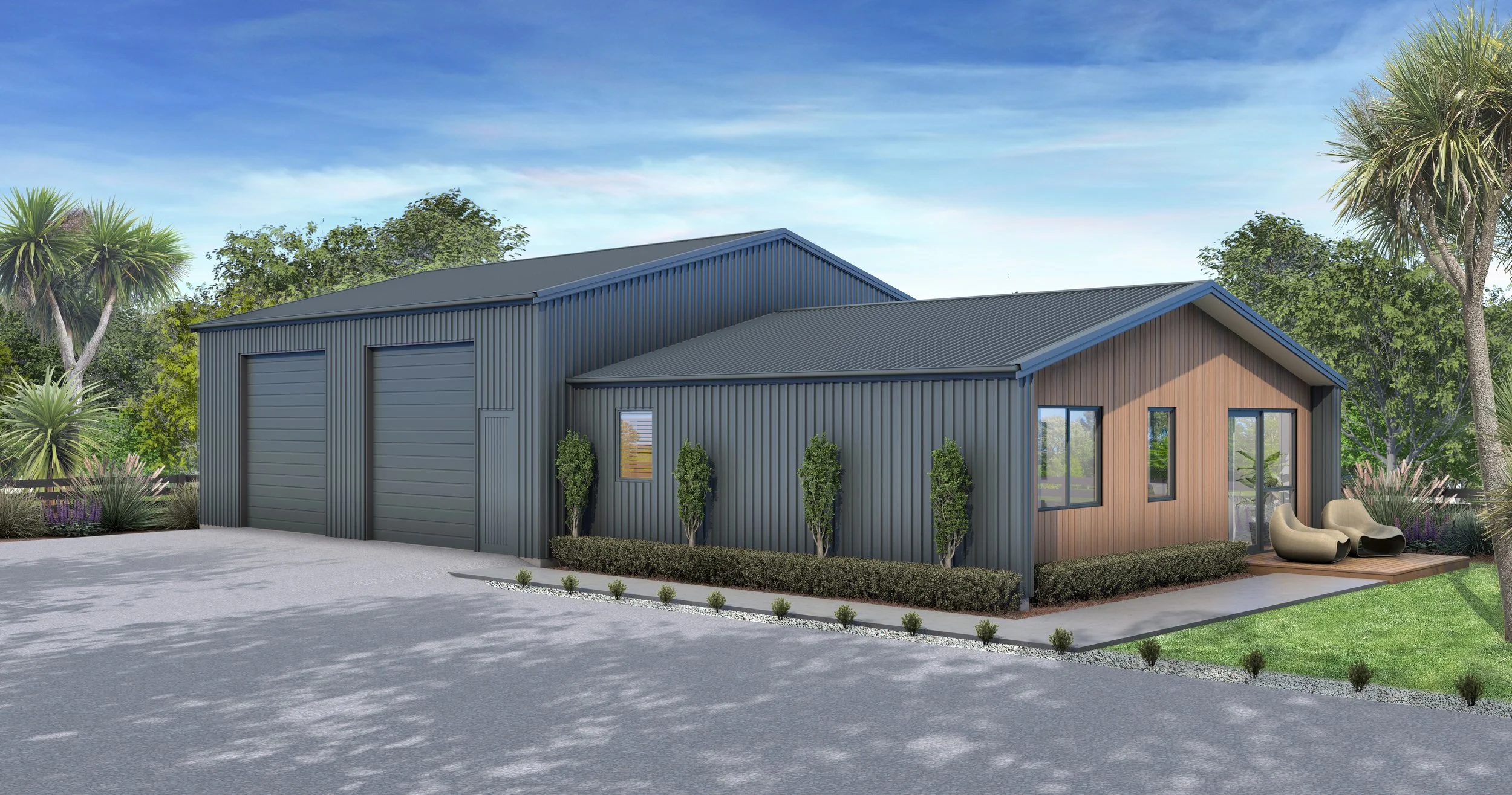 A modern metal garage with two large doors and a wooden sunroom with outdoor seating, surrounded by landscaped trees and shrubs, under a partly cloudy sky.