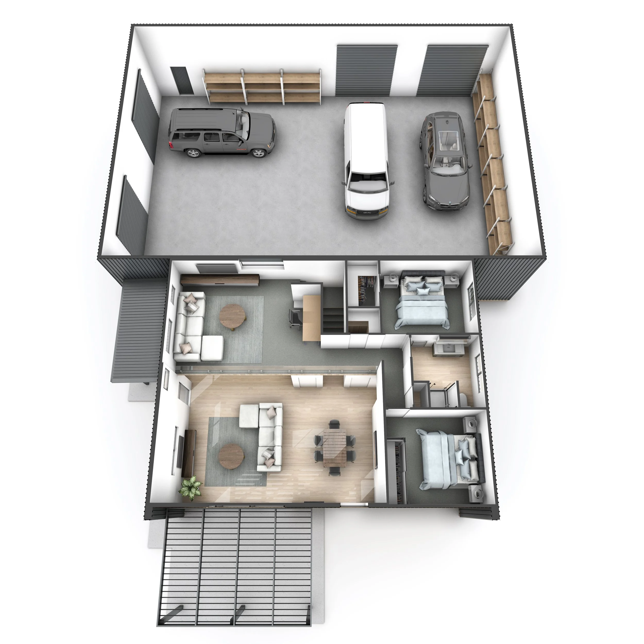 3D floor plan of a house with a garage, living room, dining room, two bedrooms, and a bathroom. The garage contains three cars and storage shelves.
