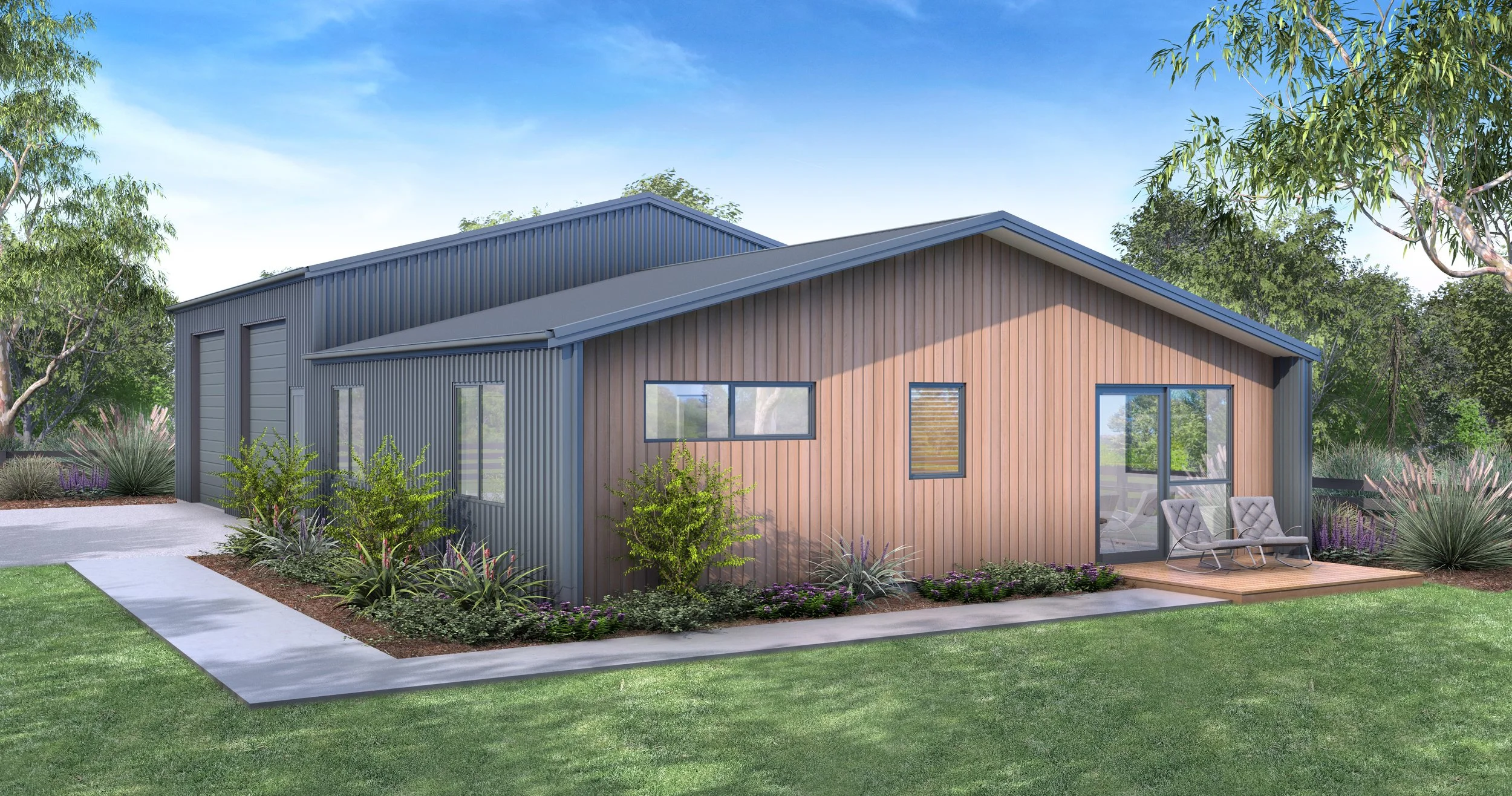 A modern house with a combination of wooden and metal siding, surrounded by green grass, plants, and trees, with patio chairs outside and a concrete pathway leading to the entrance.