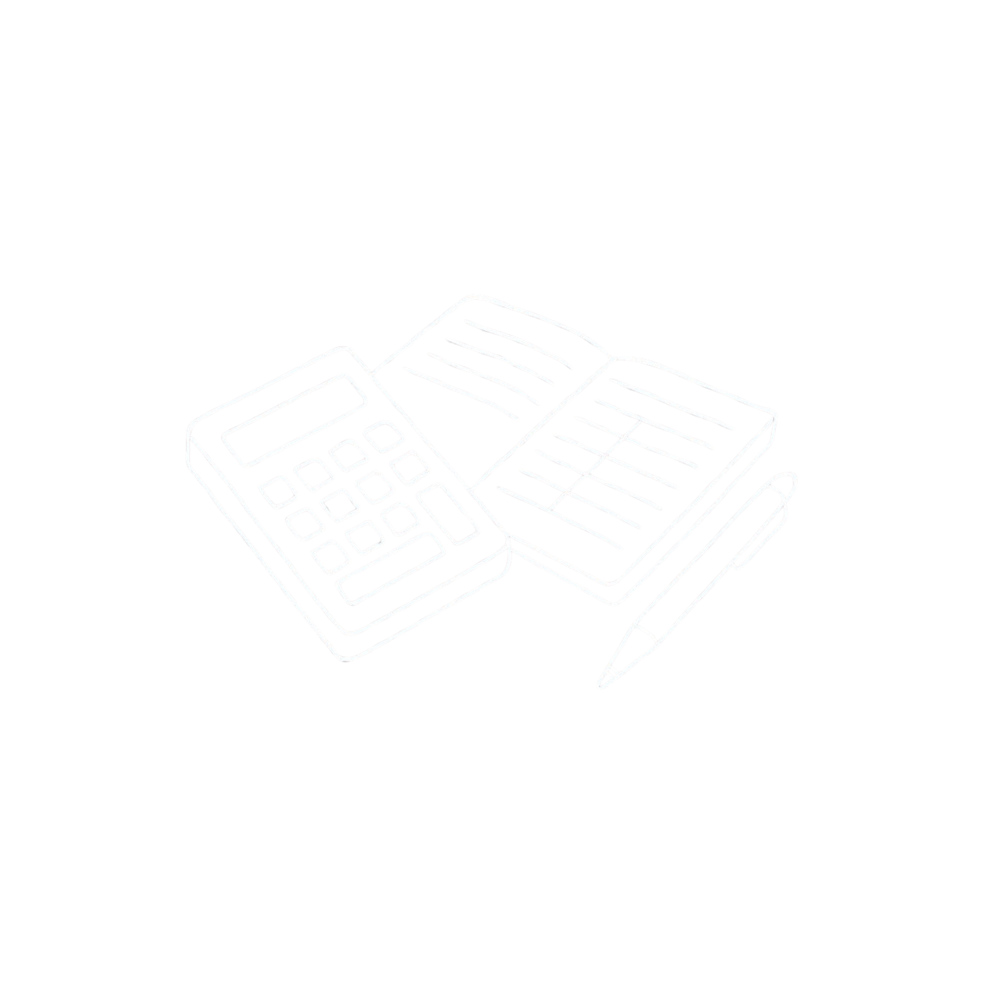 Line drawing of a calculator, open planner with writing, and a pen on a black background.