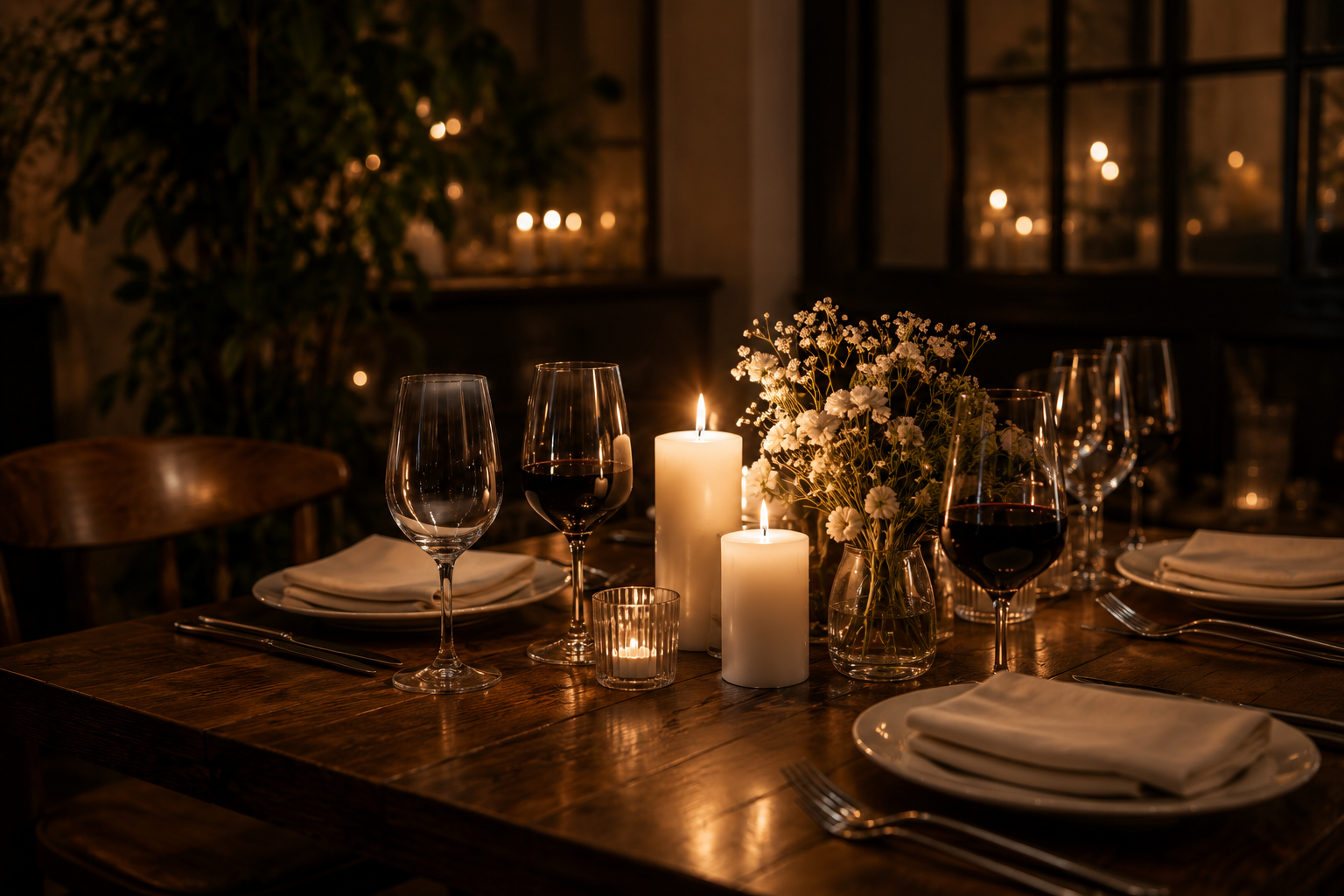 Table élégante avec bougies, verres de vin rouge, fleurs blanches, assiettes, fourchettes et couteaux, ambiance chaleureuse et intime.