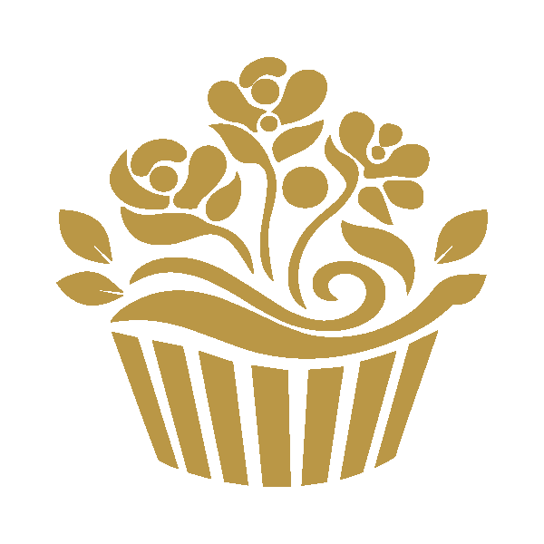Golden floral design emerging from a striped pot on black background.
