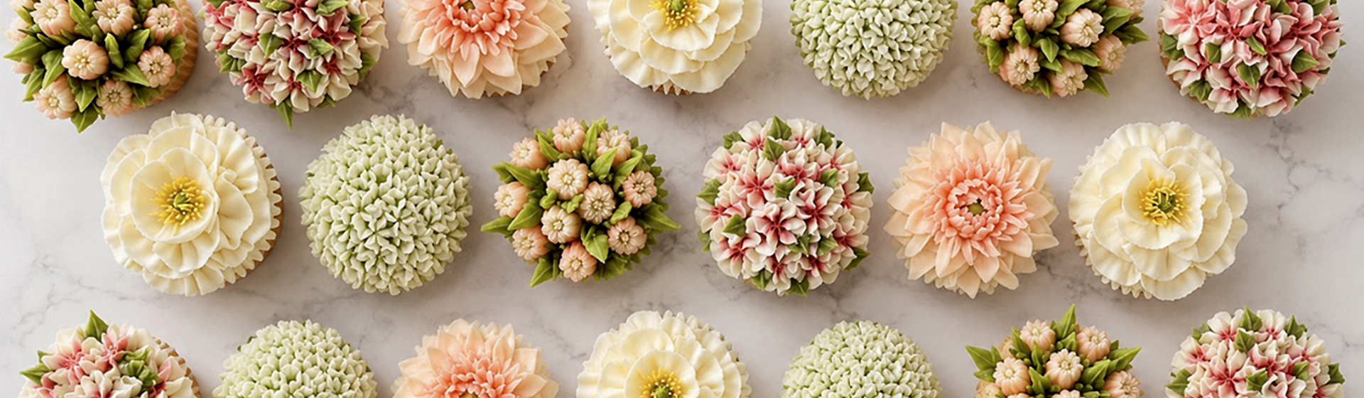 Assorted decorative cupcakes with pastel-colored floral frosting design, arranged on a white marble surface.