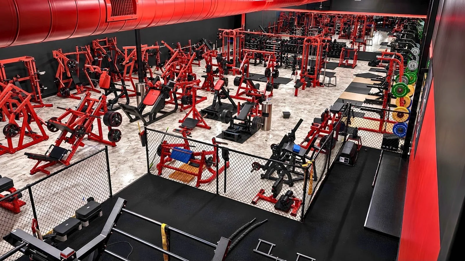 Overhead view of the strength training floor and equipment.