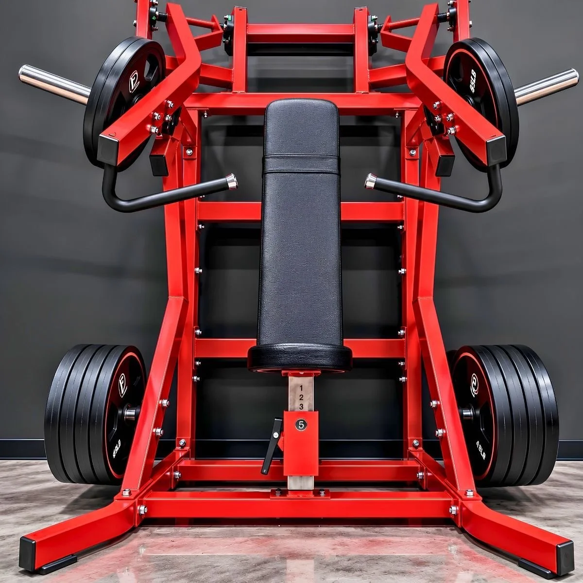 Front view of a plate-loaded seated chest press machine.