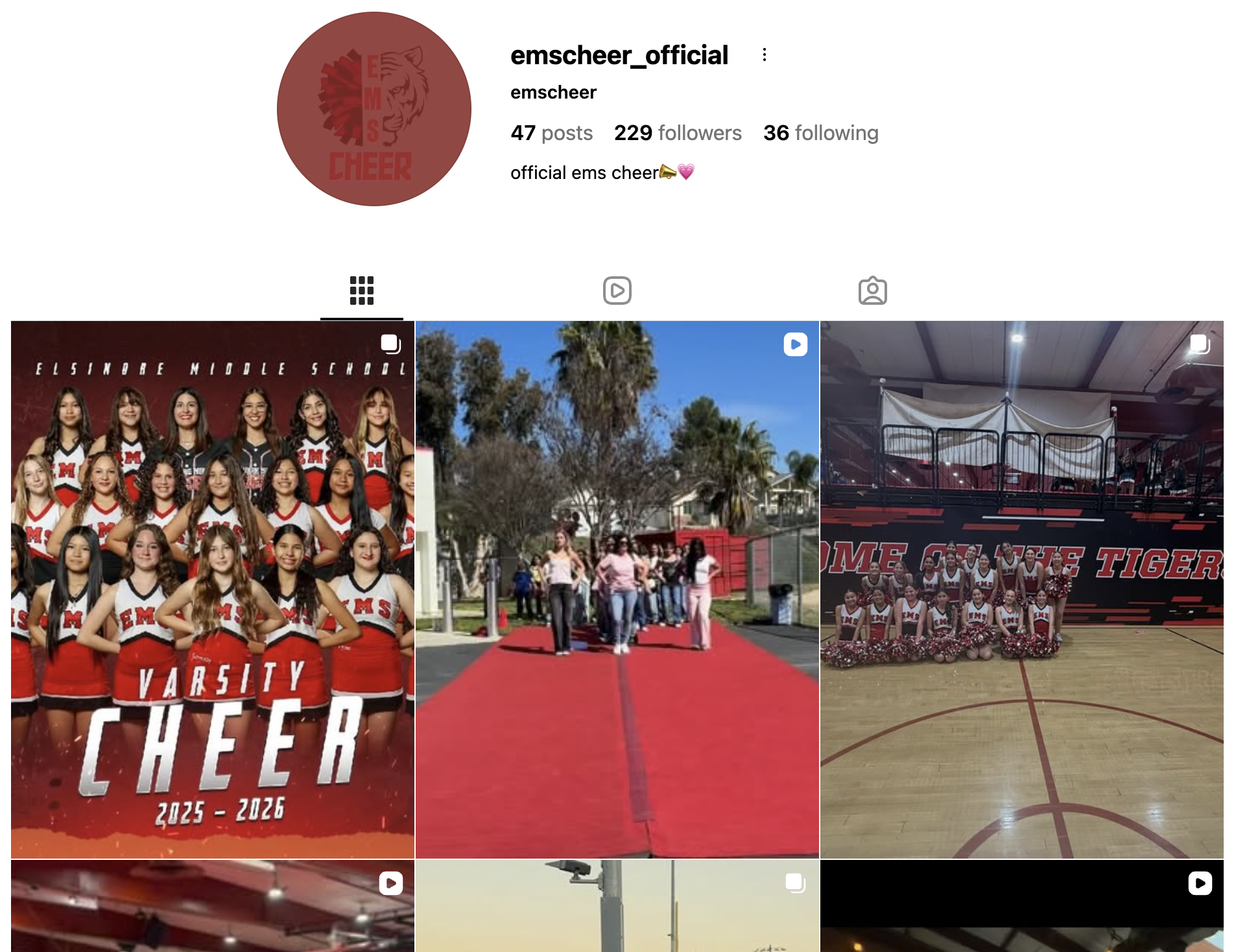 Screenshot of an Instagram profile for 'emscheer_official' showing photos of cheerleading teams, cheer practice, and team events at El Segundo Middle School with cheer uniforms and a gym background.