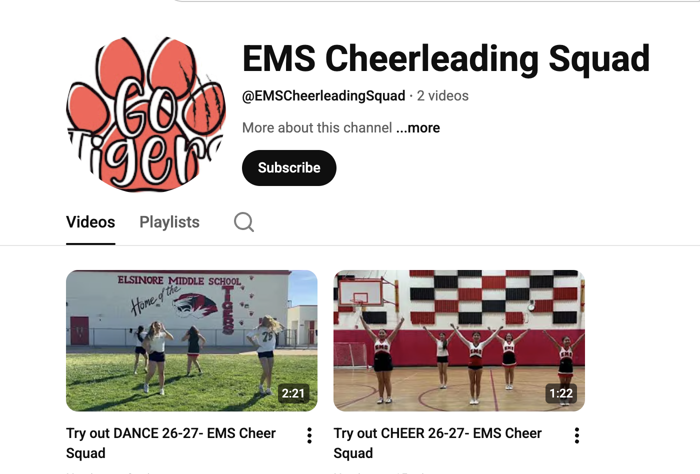 Screenshot of a YouTube channel titled EMS Cheerleading Squad with its profile picture displaying a tiger paw with the words 'Go Tigers'. The channel has two videos, one showing cheerleaders practicing outside and the other inside a gym.