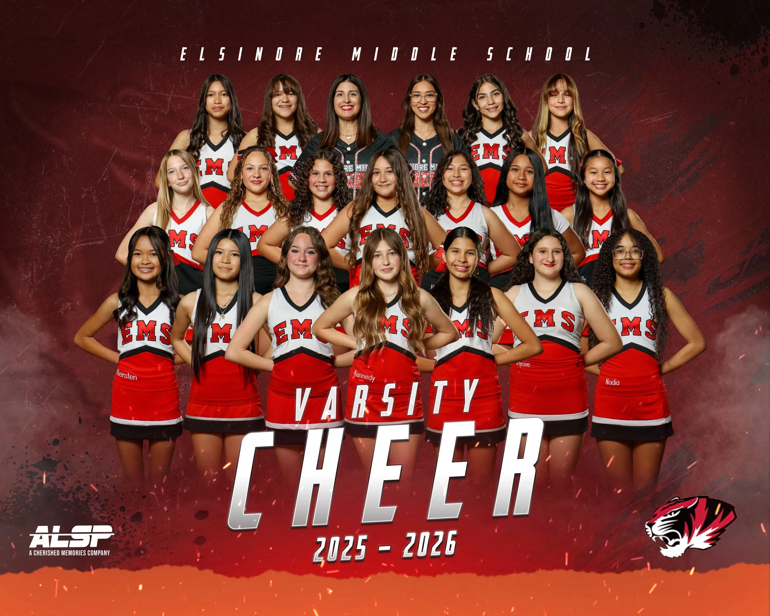 Group photo of Elsinore Middle School cheerleaders in red and black uniforms, standing in front of a red background with plaid and splatter effects, with the text 'VARSITY CHEER 2025-2026' and school and team logos.