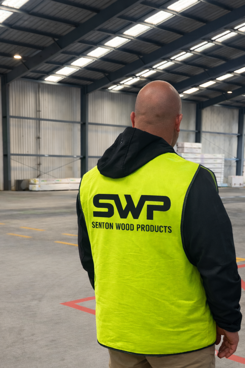 A person wearing a bright yellow vest with 'SENTON WOOD PRODUCTS' and 'SWP' printed on the back, standing inside a large industrial warehouse or storage facility with metal walls and a high ceiling.