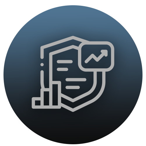 An icon representing cybersecurity with a shield, a line graph, and a bar chart.