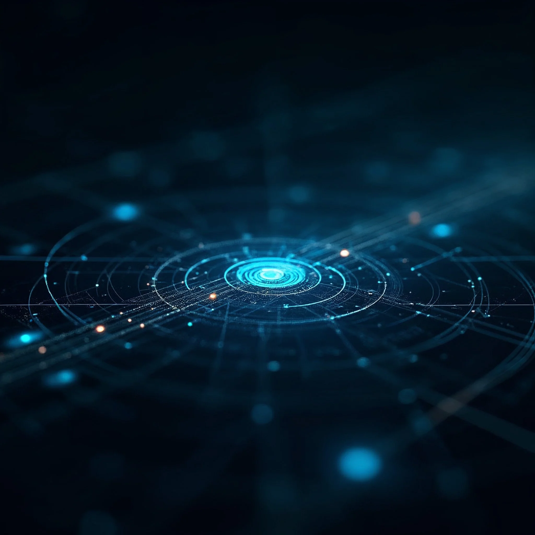 A digital visualization of a futuristic or abstract blue and black circular data or technology interface with glowing dots and lines.