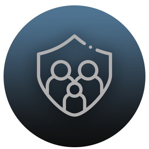 Icon of three people inside a shield, representing protection or security