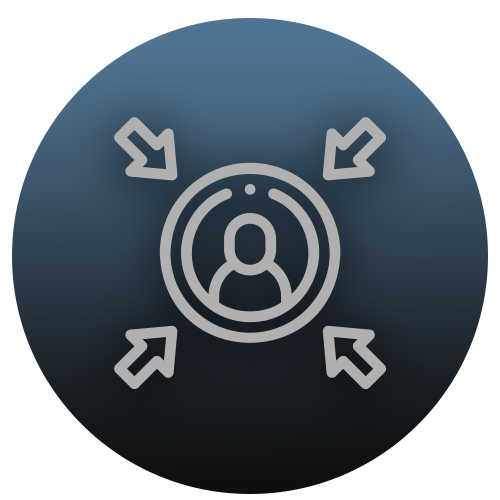 Icon of a person inside a circle with four arrows pointing outward, representing user expansion or profile outreach.