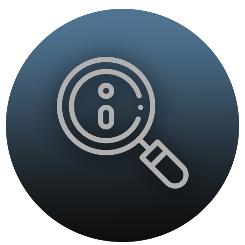 Magnifying glass over an information icon on a dark background.