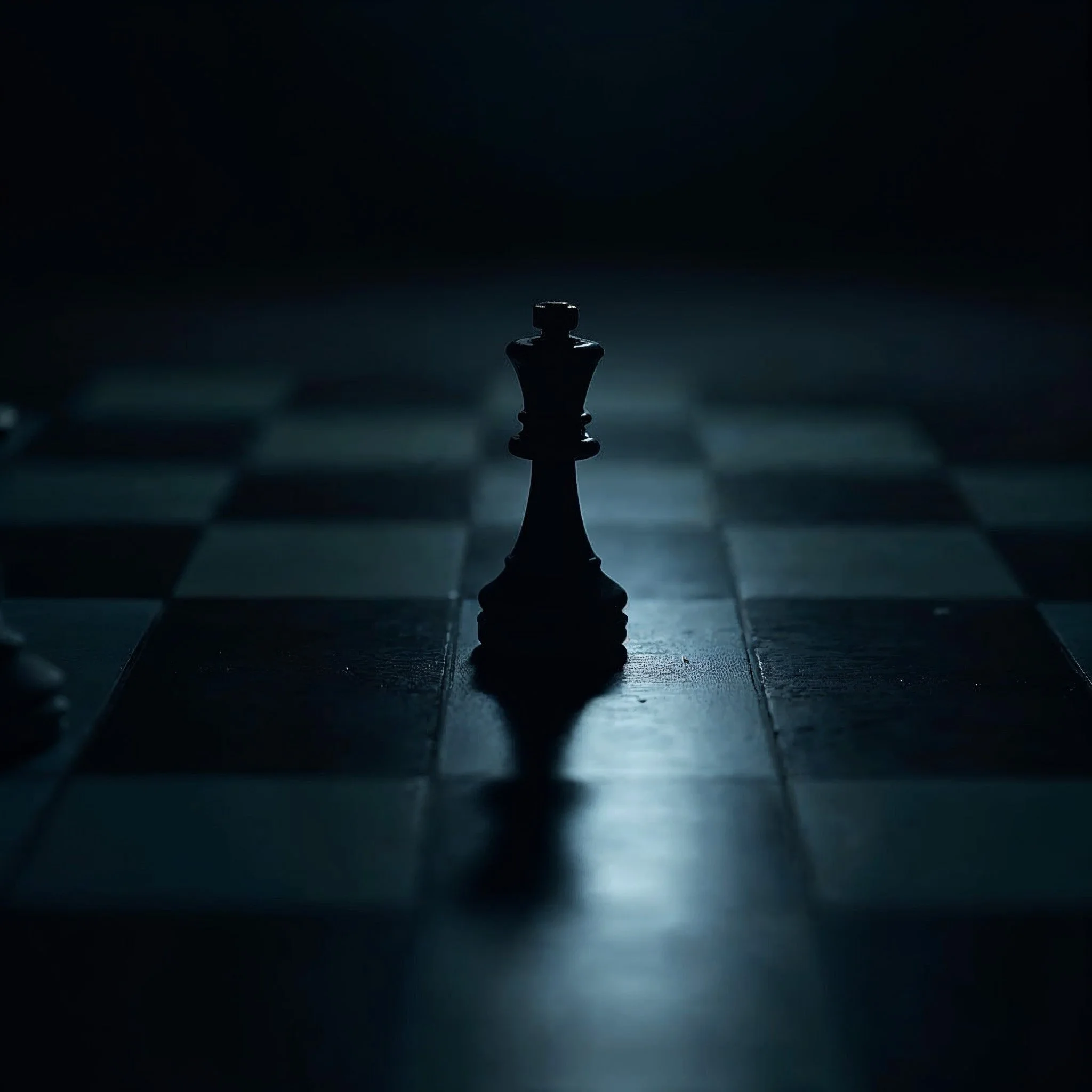 A black chess king piece on a chessboard, illuminated by a soft light in a dark environment.