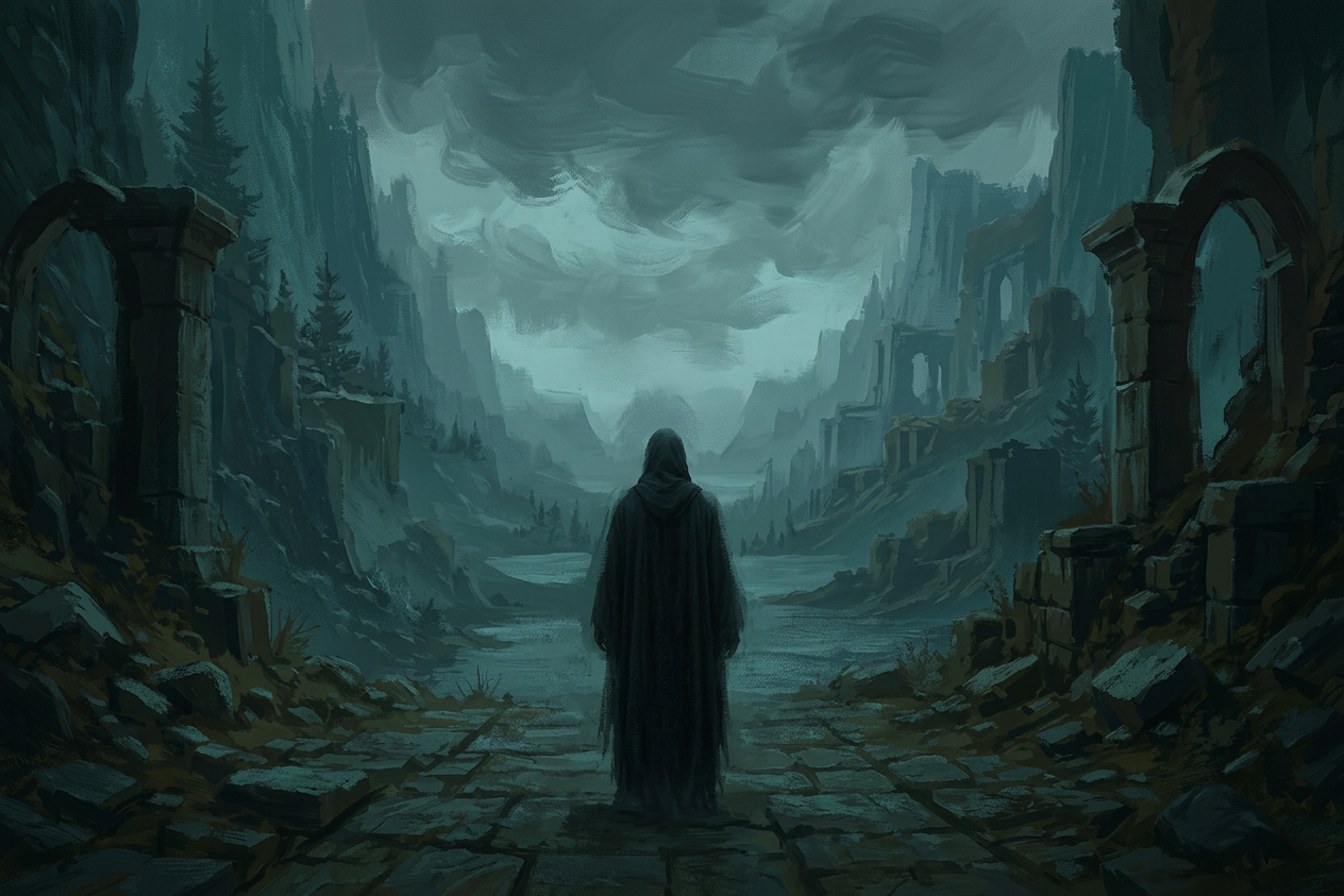 Hollowborn stranger from Chronicles of Arynbel, shown as a cloaked figure standing among ancient ruins beneath a stormy sky.