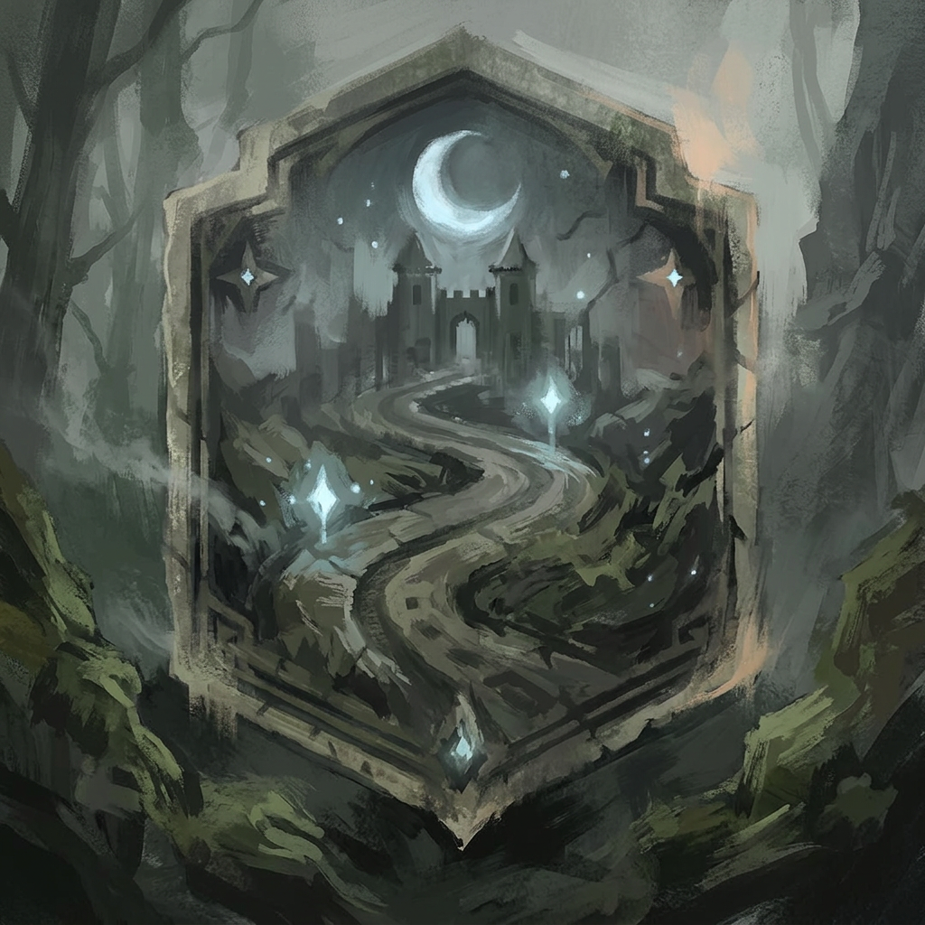 Chronicles of Arynbel roadmap artwork showing a dark fantasy castle beneath a crescent moon, with a winding path and glowing stars.