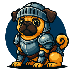 The Armoured Pug studio mascot, a pug in medieval armour symbolizing creativity, craftsmanship, and independent game development.