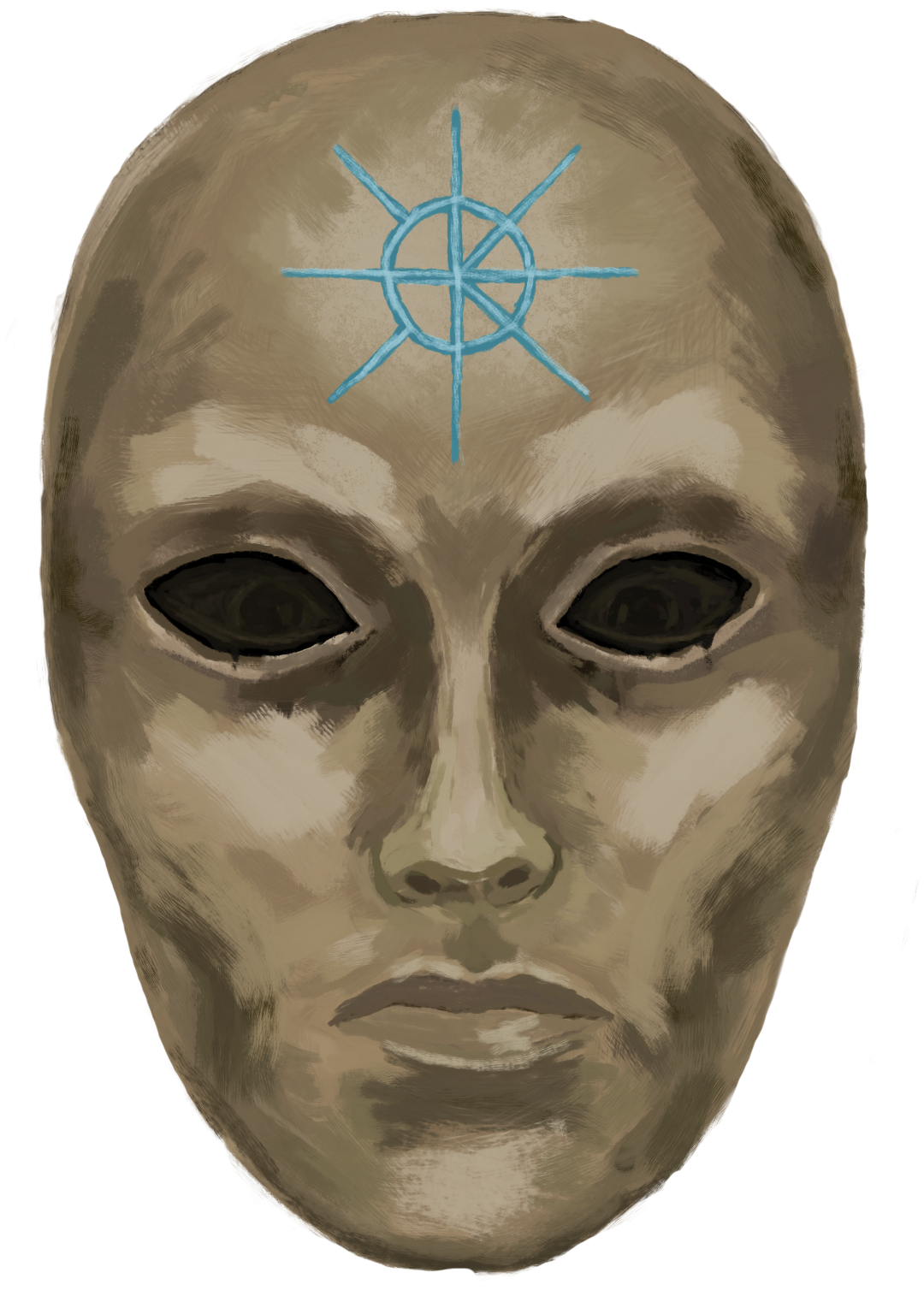 Aurent mask from Chronicles of Arynbel, shown as a pale ritual face mask with dark eye openings and a blue symbol on the forehead.