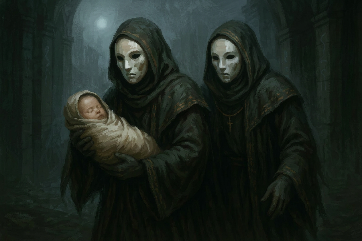Aurents removing a Hollowborn baby in Chronicles of Arynbel, shown as masked figures carrying a swaddled infant through a dark forest.