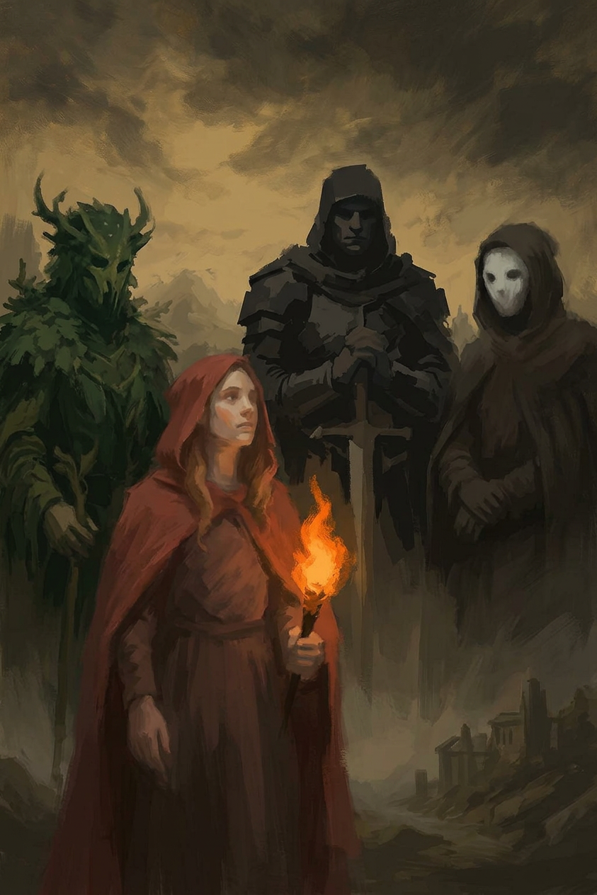 Major factions of Arynbel artwork showing symbolic figures representing the powers shaping the dark fantasy universe.