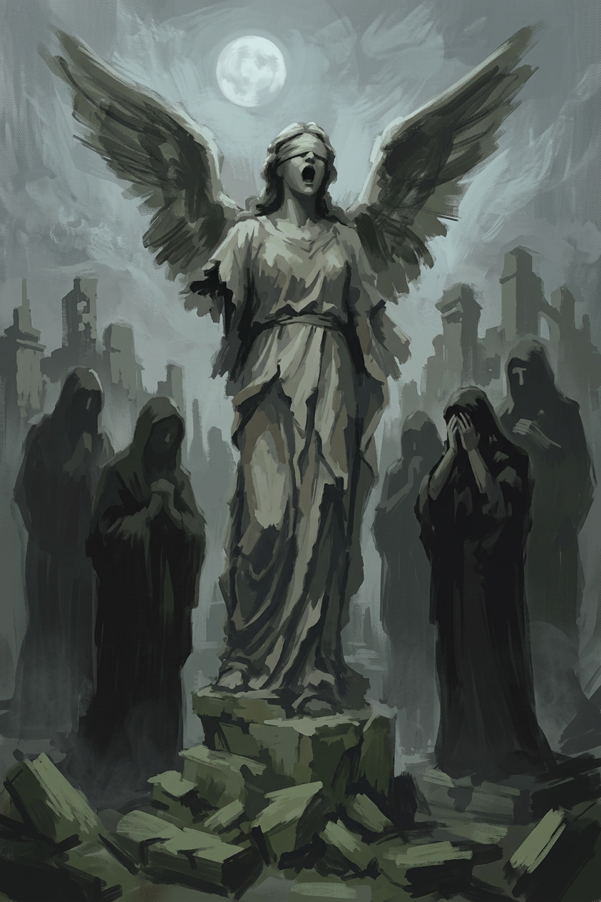 Weeping statue from Chronicles of Arynbel, shown as a broken winged figure among ruins beneath a full moon.