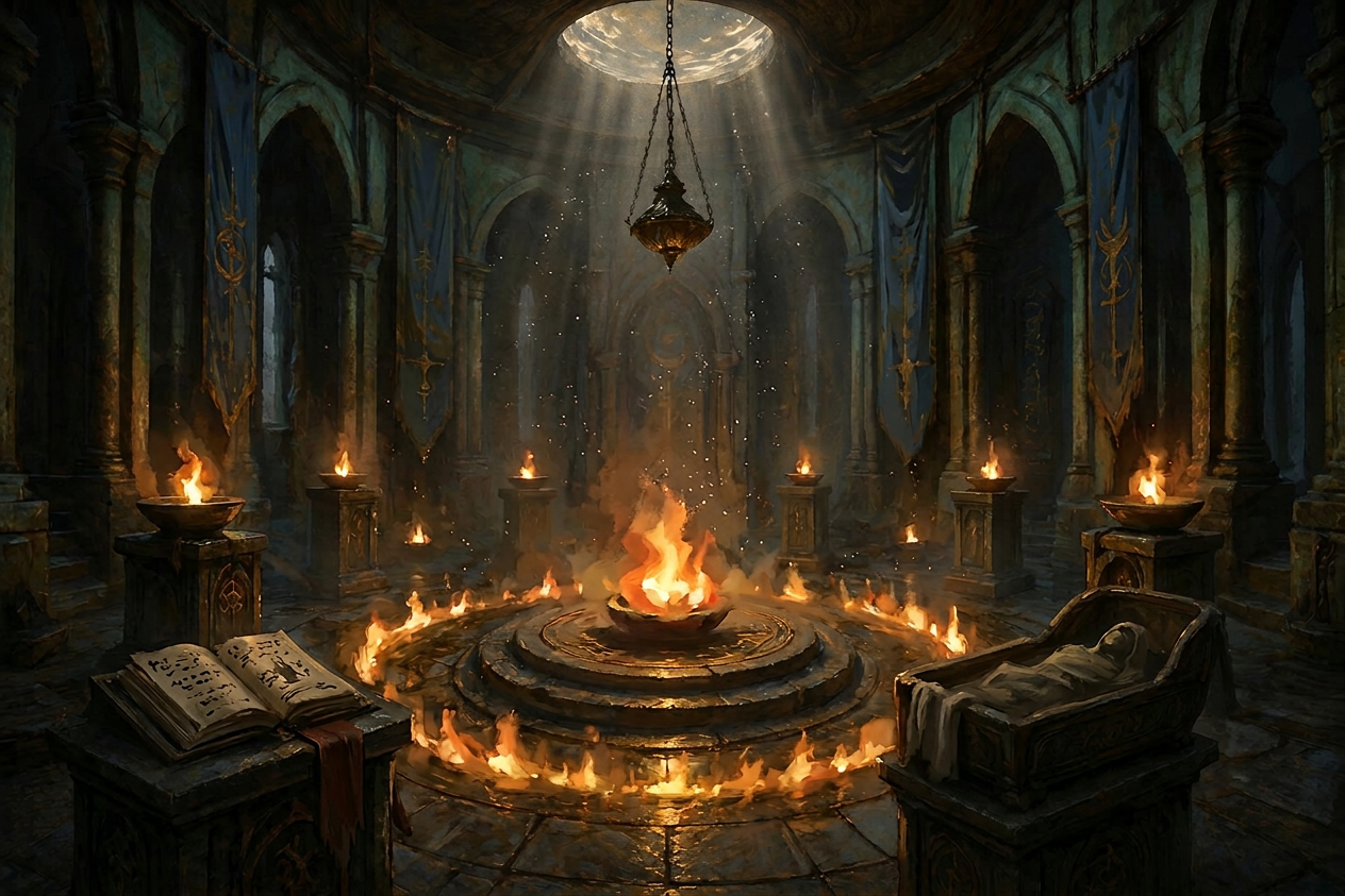 Sanctified ritefire chamber from Chronicles of Arynbel, shown as a sacred stone ritual room with a central flame.