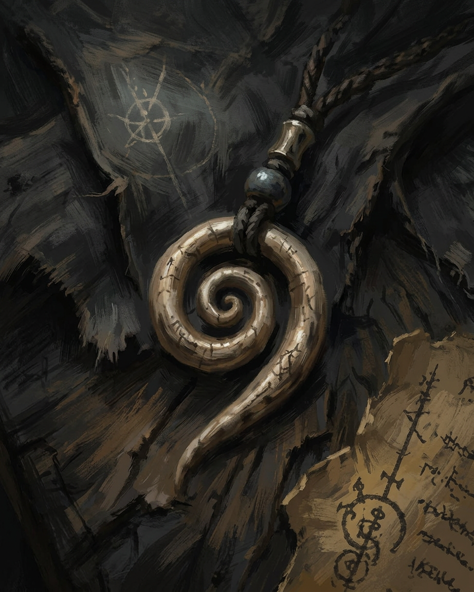 Bone charm from Chronicles of Arynbel, shown as a spiral pendant resting on dark carved wood.