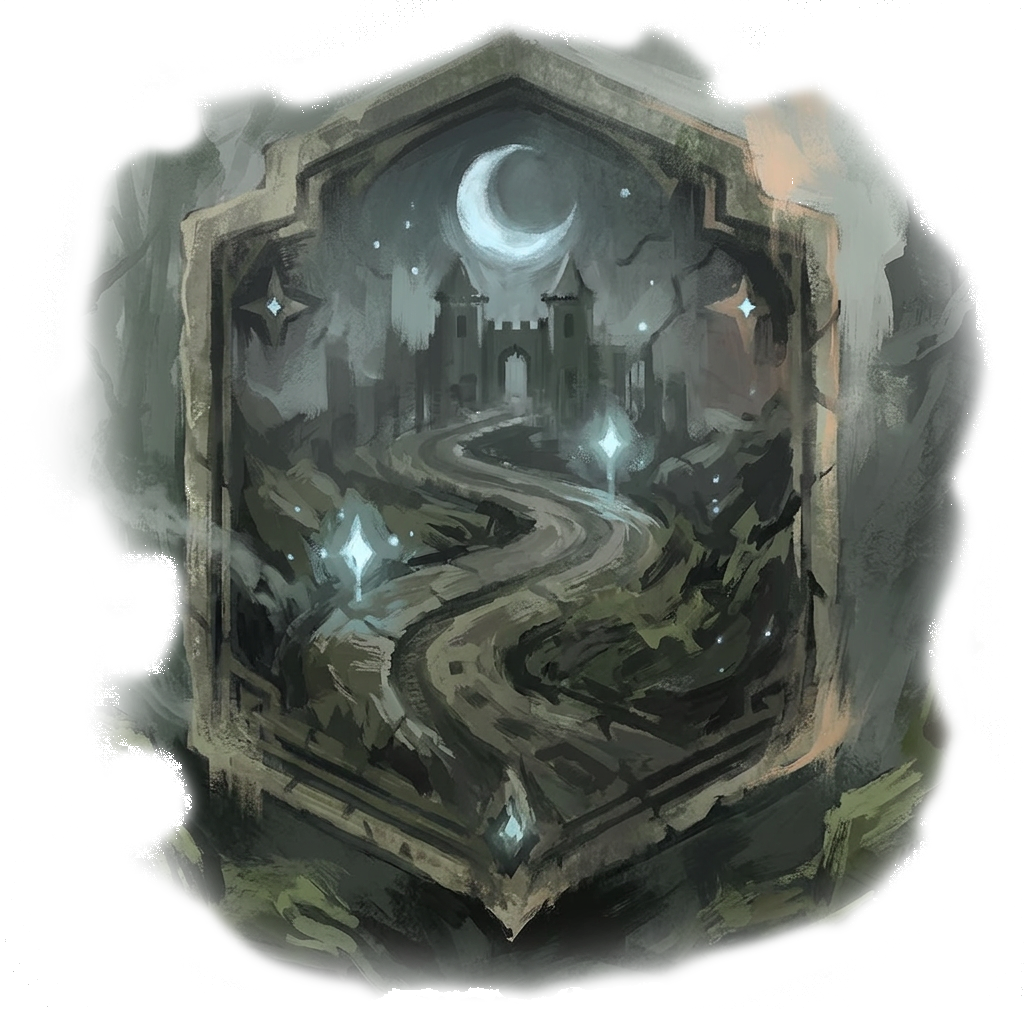 Chronicles of Arynbel roadmap artwork showing a dark fantasy castle beneath a crescent moon, with a winding path and glowing stars.
