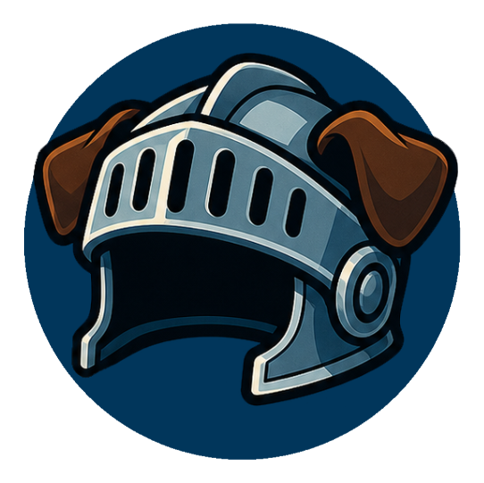 Knight's helmet with dog ears representing creativity, imagination, and original storytelling at The Armoured Pug.