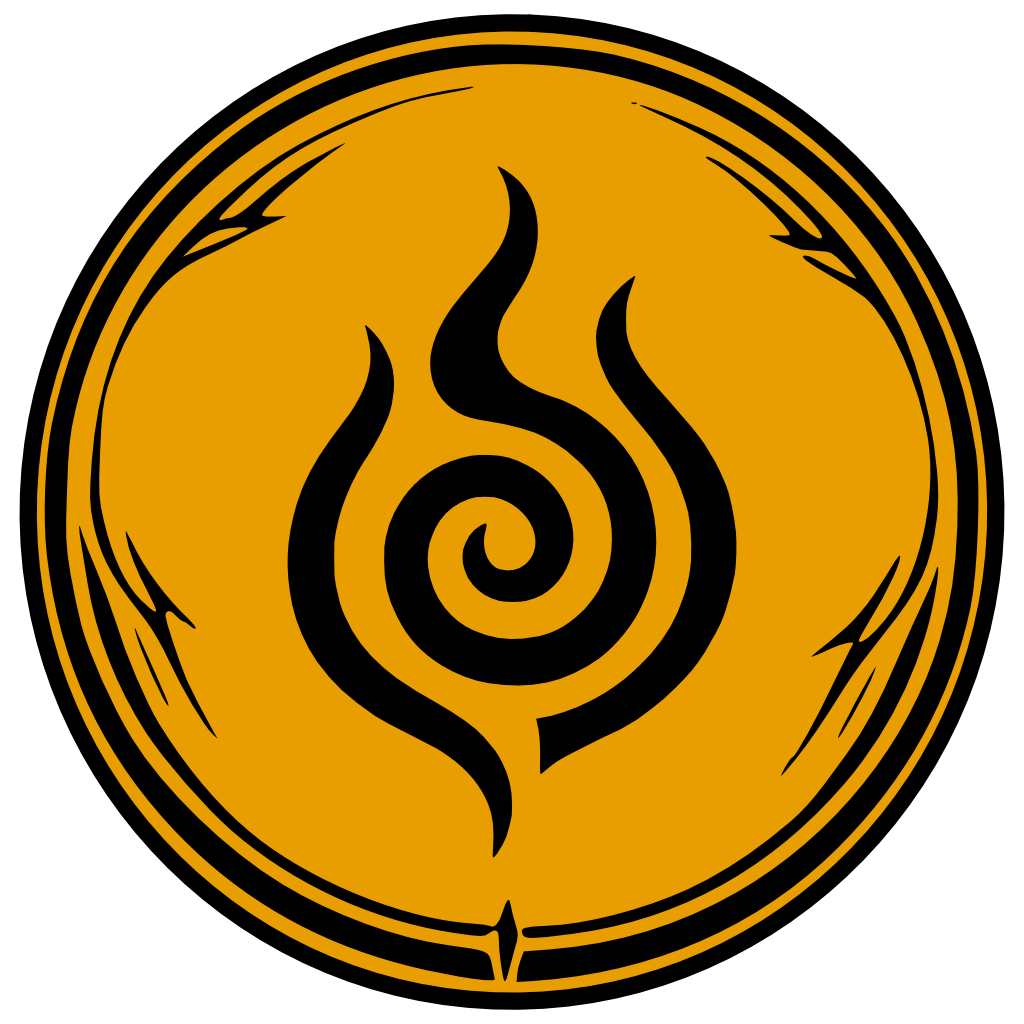 Flame soulmark symbol from Chronicles of Arynbel, shown as a circular gold emblem with a black flame glyph.