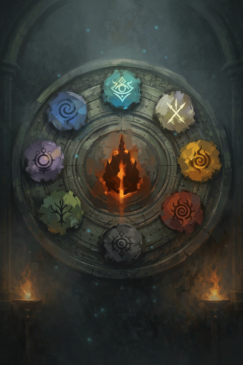 The Circle of Arynbel, shown as a circular arrangement of the eight soulmark symbols.