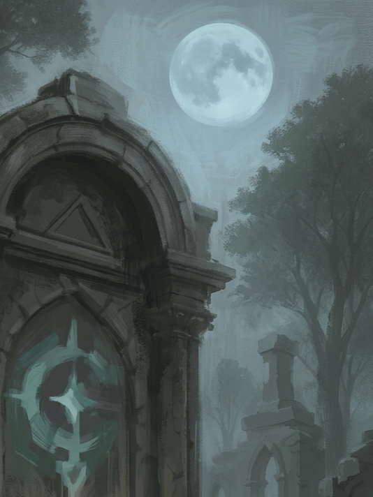 Glyphstone from Chronicles of Arynbel, shown in a moonlit graveyard with old stone markers and gothic ruins.