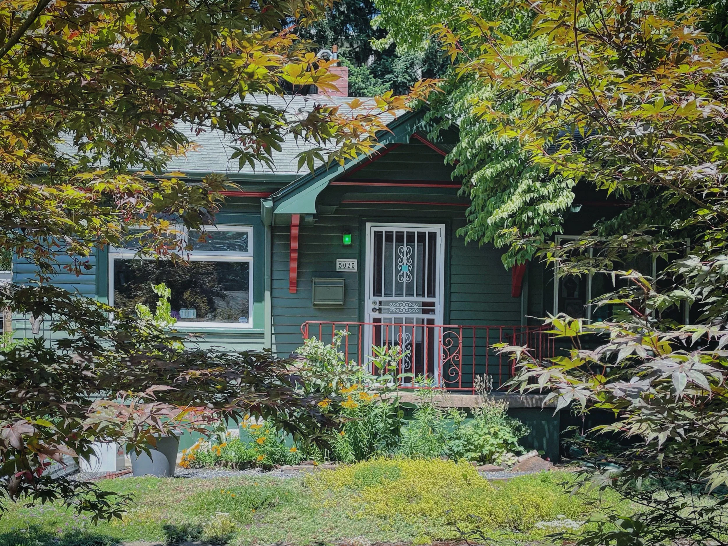 portland bungalo green siding red trimtrees