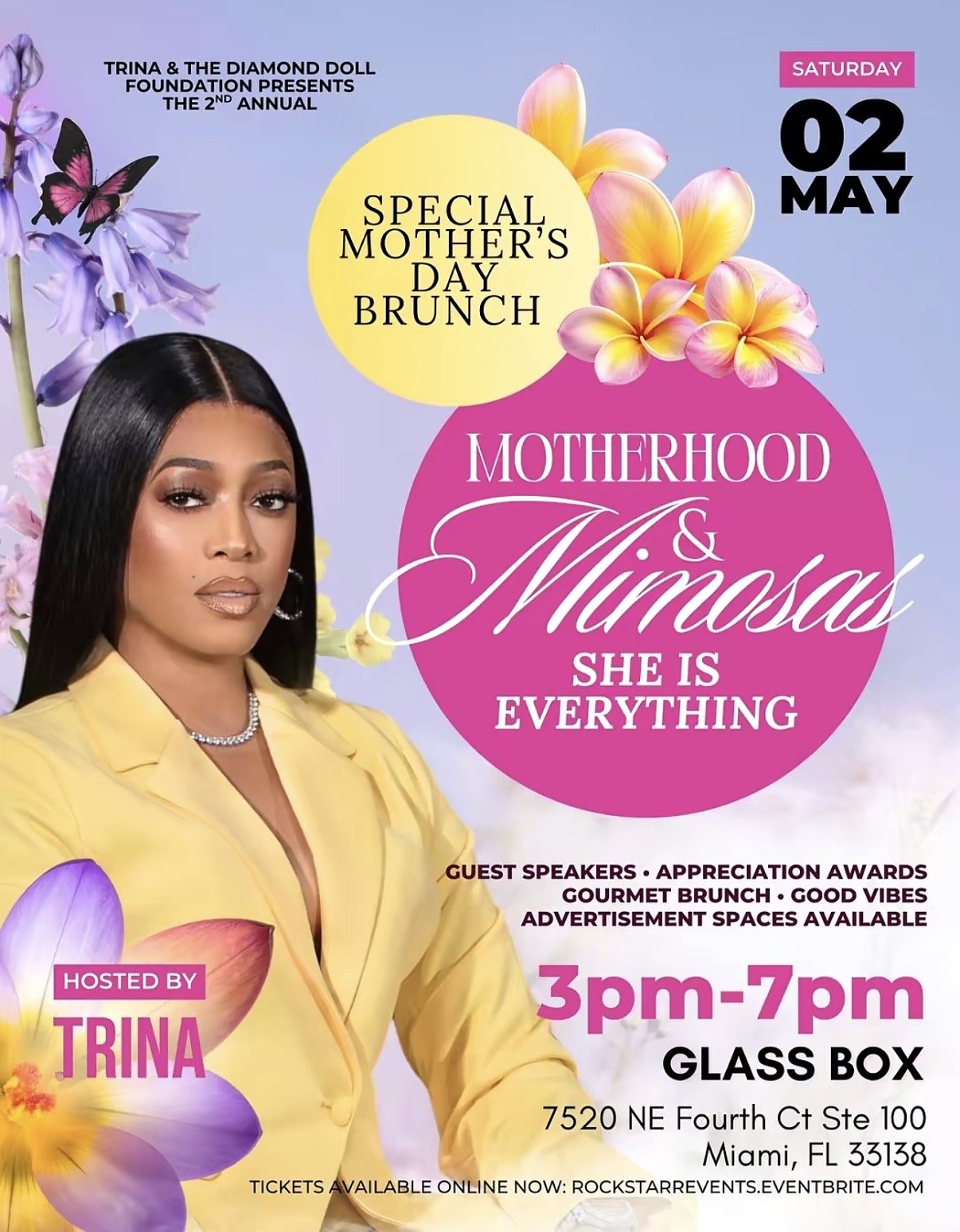 Event flyer for a Mother's Day brunch featuring Motherhood & Mimosas. The event is scheduled for Saturday, May 2nd, from 3 pm to 7 pm at 7520 NE Fourth Ct Ste 100, Miami, FL. Hosted by Trina, with guest speakers, appreciation awards, gourmet brunch, and advertisement spaces available.