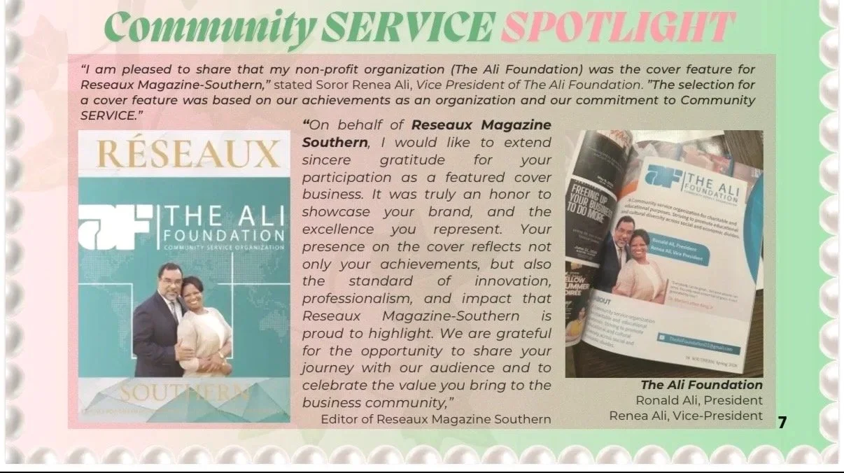 Page from a magazine article titled "Community Service Spotlight" featuring The Ali Foundation. The page includes a quote about the foundation being featured on the cover of Reseaux Magazine-Southern, with a photo of Ronald Ali, President, and Renea 