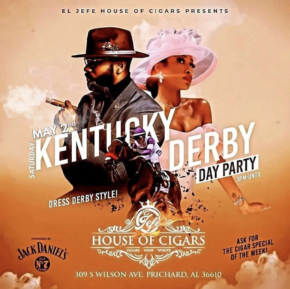 Event poster for Kentucky Derby Day Party on May 2nd, featuring stylishly dressed men and women, a jockey on a horse, and promotional details for a cigar-themed celebration at House of Cigars in Prichard, Alabama.