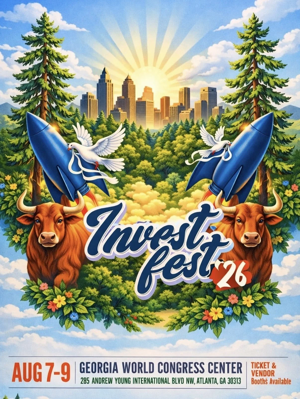 Poster for Invest Fest 2026, held August 7-9 at the Georgia World Congress Center in Atlanta. The poster features a city skyline with skyscrapers, a sunrise, and a lush forest with trees. In the foreground, there are two bison, two rockets with doves flying around them, and colorful flowers. The event details include the date, location, and mention of ticket and vendor booths.