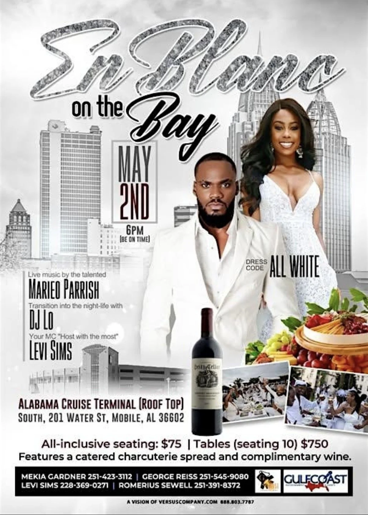 Event poster for a celebration on the bay featuring a couple in white clothing with city skyline in the background, date May 2nd, and details about music, food, and wine.