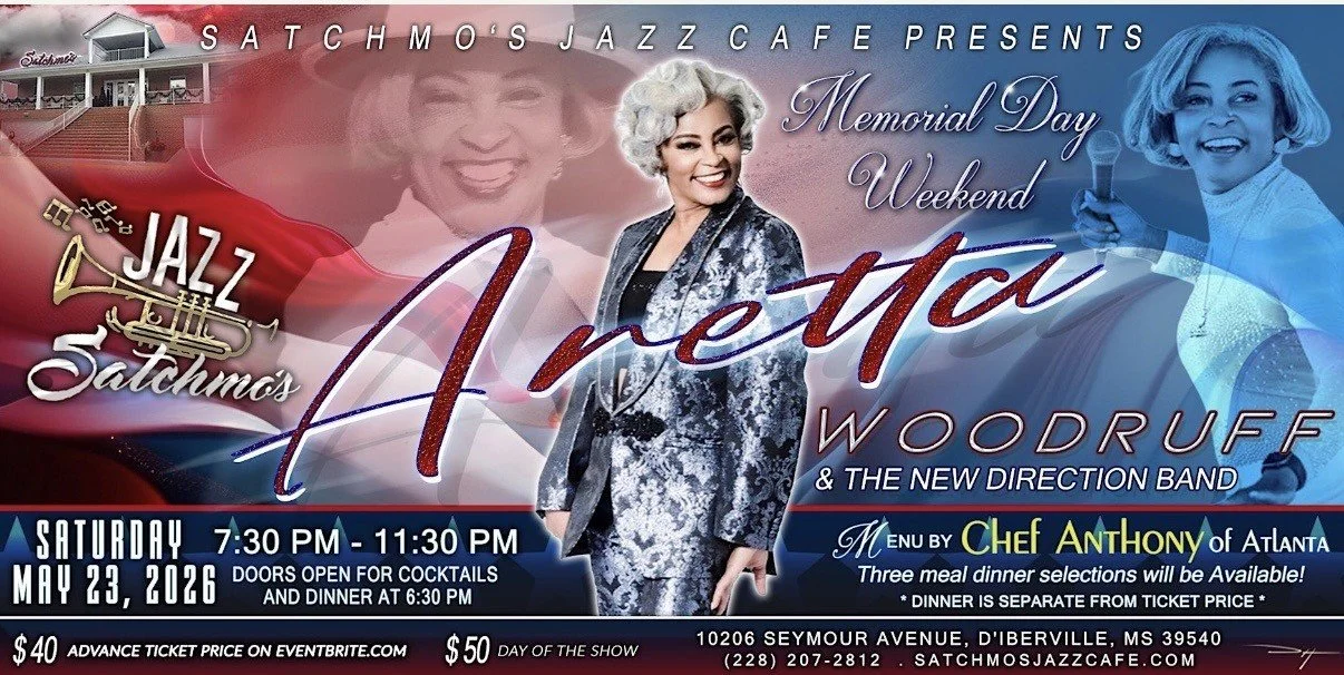 Event poster with a woman in a metallic jacket and a jazz theme, promoting a Memorial Day Weekend concert by Anetra Woodruff and The New Direction Band at Satchmo's Jazz Cafe on May 23, 2026, from 7:30 PM to 11:30 PM, with dinner available.