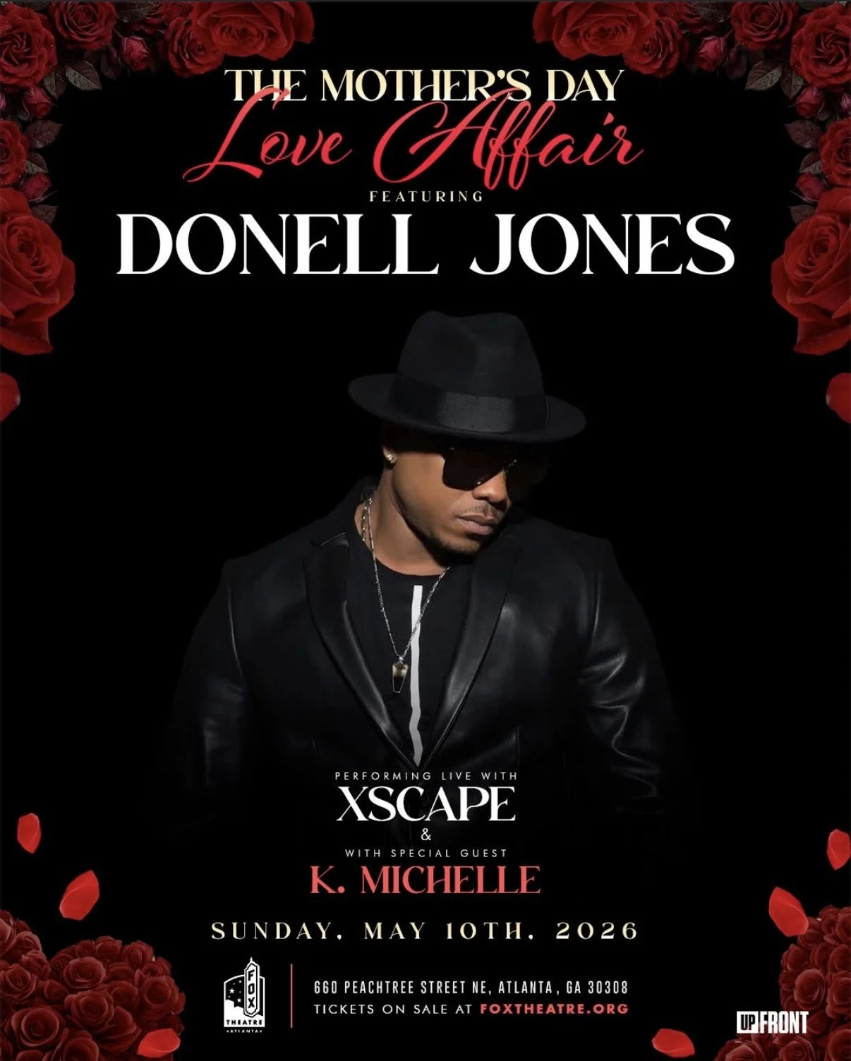 A promotional poster for a Mother's Day Love Affair event featuring Donell Jones performing live with Xscape and guest K. Michelle on May 10th, 2026, at Fox Theatre in Atlanta, Georgia, with a photo of Donell Jones wearing sunglasses and a black leather jacket surrounded by red roses.