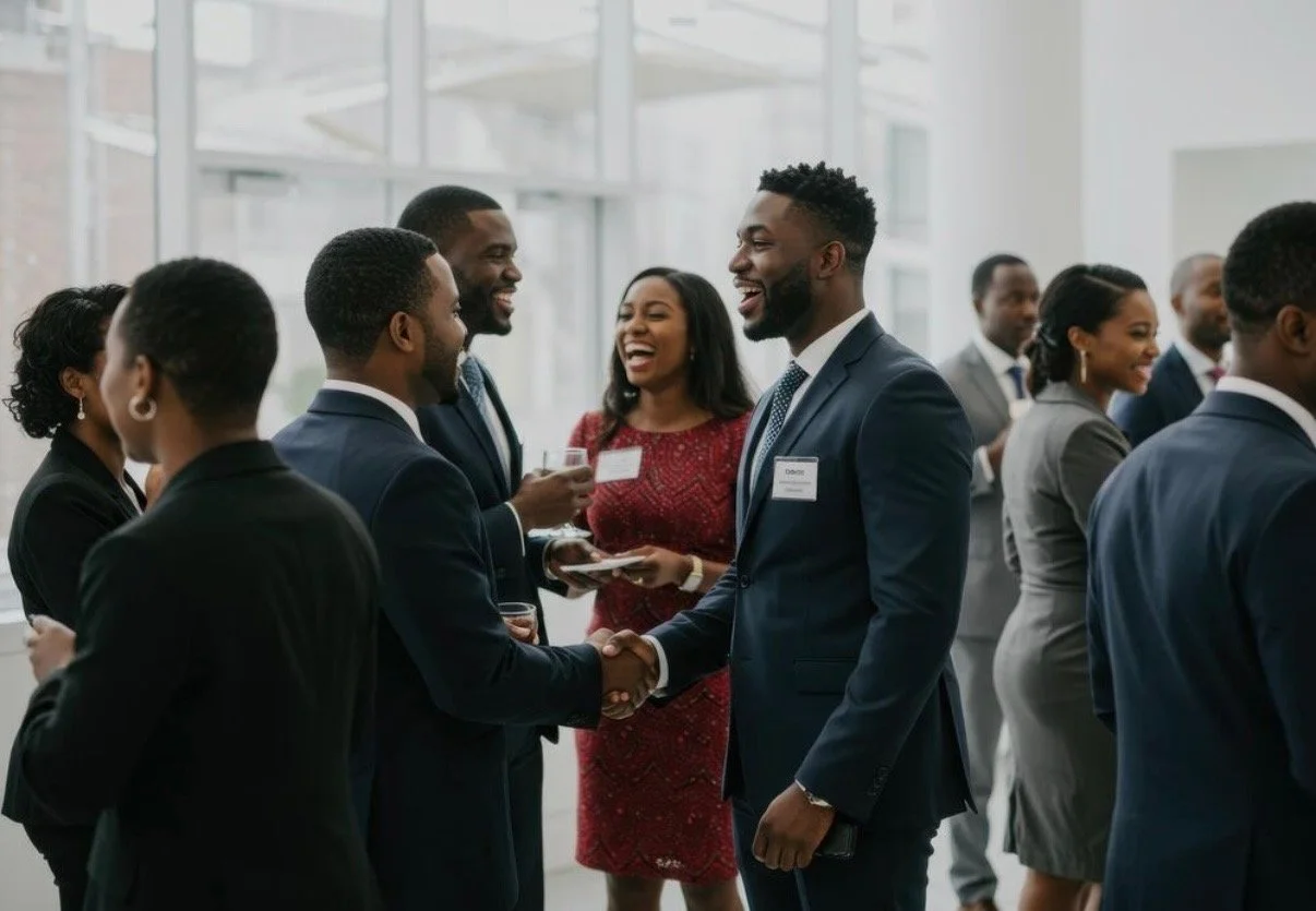Business professionals dressed in suits and dresses at a networking event, engaging in conversations, handshaking, and smiling.