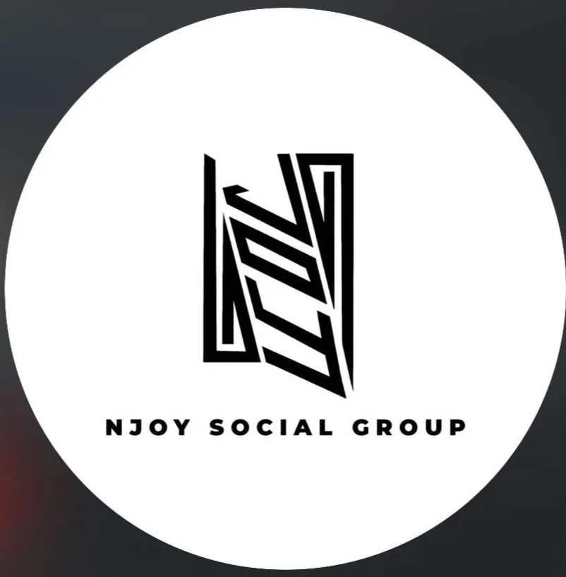 Logo for Njoy Social Group featuring an abstract geometric design and text.