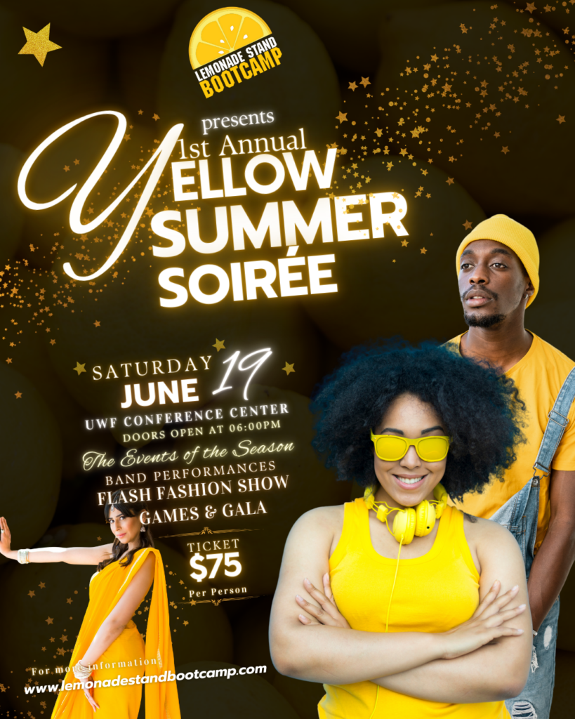 Poster for the 1st Annual Yellow Summer Soirée presented by Lemonade Stand Bootcamp, featuring a woman with curly hair in yellow sunglasses and headphones, and a man in a yellow beanie and shirt, with event details including date, time, location, activities, and ticket price.